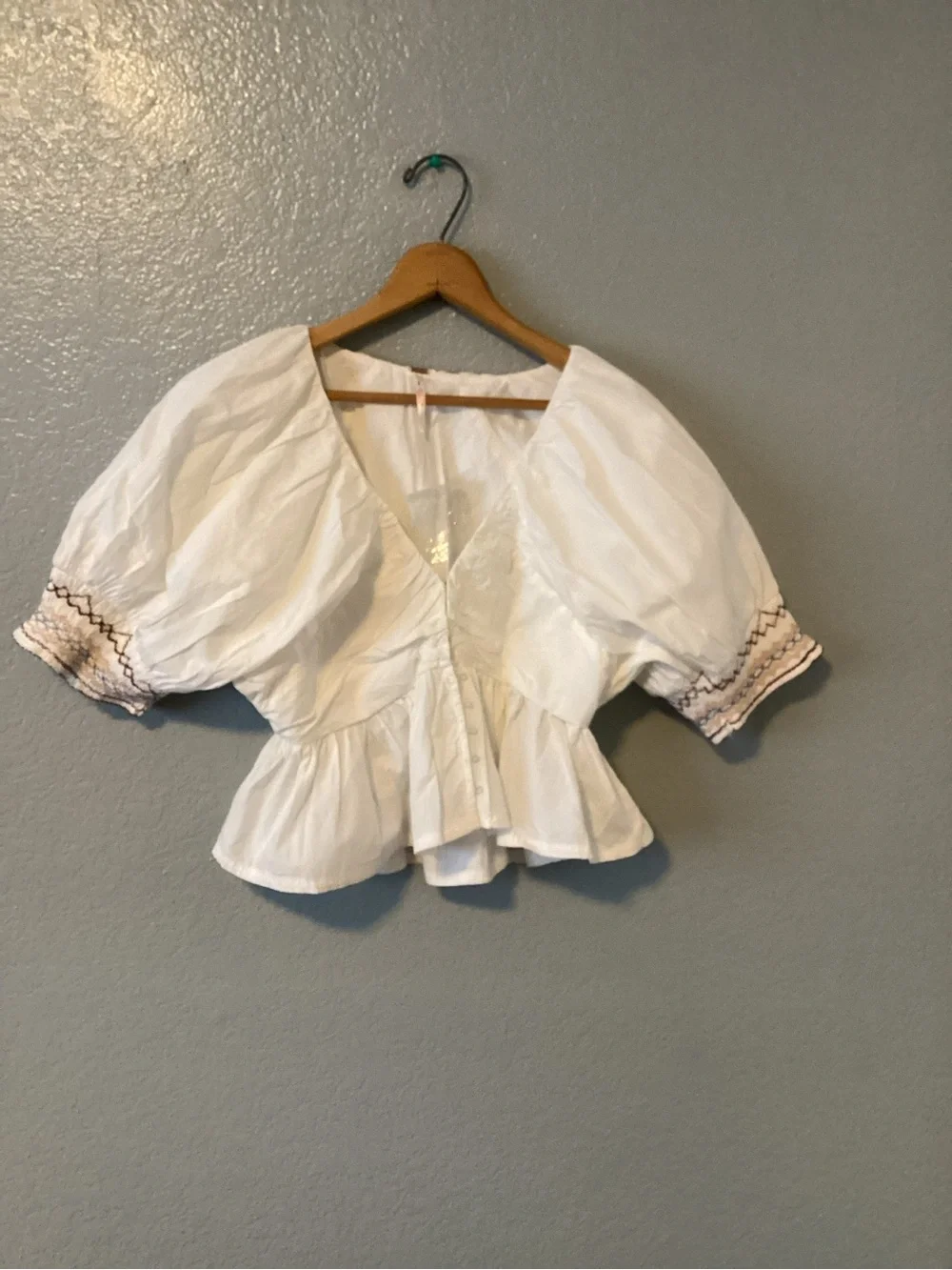 Free People  Where We Meet Peplum Puff-Sleeve Blouse with Embroidered Cuffs